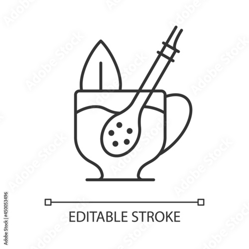 Mate straw linear icon. Stick that filters dried mate tea parts. Bombilla from metal or wood. Thin line customizable illustration. Contour symbol. Vector isolated outline drawing. Editable stroke