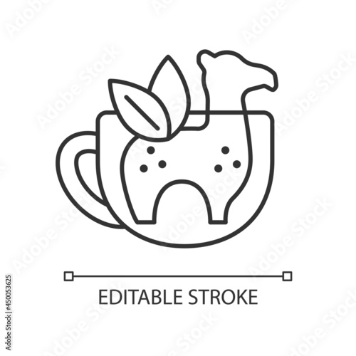 Silicone tea infuser linear icon. Infuser in form of animal. Funny tea utensil. Thin line customizable illustration. Contour symbol. Vector isolated outline drawing. Editable stroke