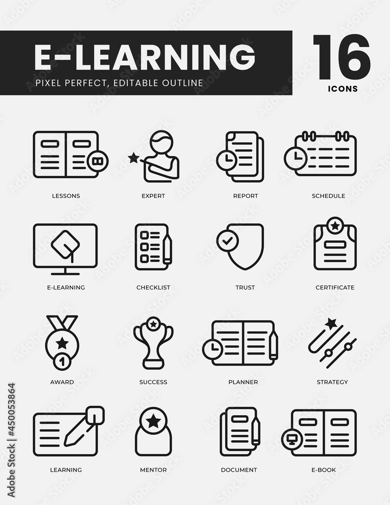 Set of E Learning line icon with vector pixel perfect, Included lessons, certificate, online class, schedule etc Set of E Learning line icon with vector pixel perfect, Included lessons, certificate, online class, schedule etc