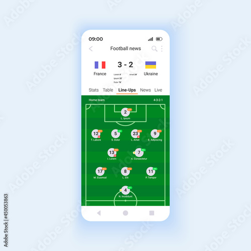 Football news and results smartphone interface vector template. Mobile app page design layout. Official match highlights screen. Expected goals and assists. Flat UI for application. Phone display