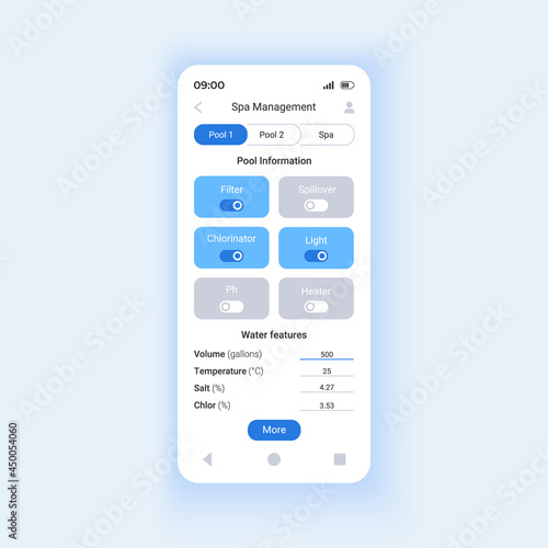Spa management app smartphone interface vector template. Mobile app page design layout. Ethernet or wireless controller connection from anywhere screen. Flat UI for application. Phone display