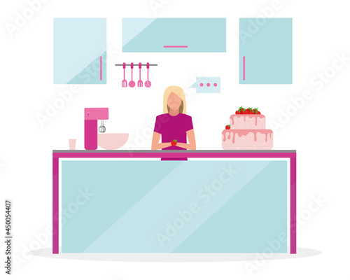 Blond woman broadcasting cooking show semi flat color vector character. Full body person on white. Baking strawberry cake isolated modern cartoon style illustration for graphic design and animation