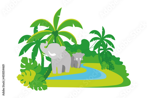 Elephants in jungle 2D vector isolated illustration. Wild animals roaming rainforest flat characters on cartoon background. African forest elephants living in dense woodland colourful scene