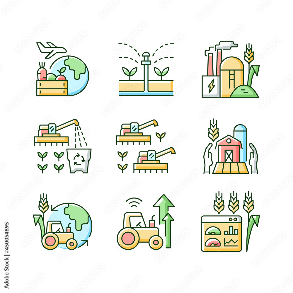Agricultural business RGB color icons set. Ecological farming. Farm modernization and innovation. Monitoring and management. Isolated vector illustrations. Simple filled line drawings collection