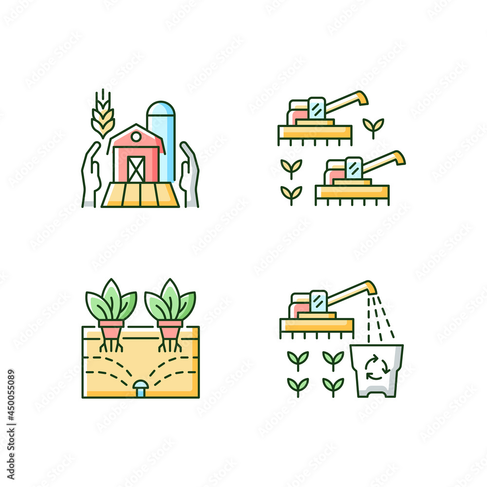 Agriculture and farming RGB color icons set. Ecological innovation and technology in farm business. Farmers support. Isolated vector illustrations. Simple filled line drawings collection