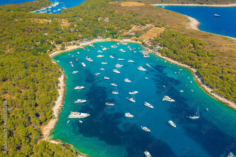 Aerial view of the bay with boats, Paklinski otoci islands in Hvar, Adriatic Sea in Croatia
