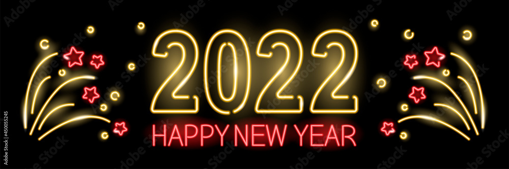 Neon 2022 Happy New Year banner and fireworks in red and golden colors  isolated on black background. Winter holidays celebration concept. Night  glowing signboard style. Vector 10 EPS illustration. Stock Vector | Adobe  Stock