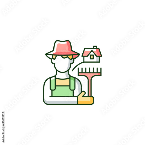 Rural workers RGB color icon. Man stands near barn. Labourer with tool. Rural area life. Farmer in village. Grow and produce food. Isolated vector illustration. Simple filled line drawing