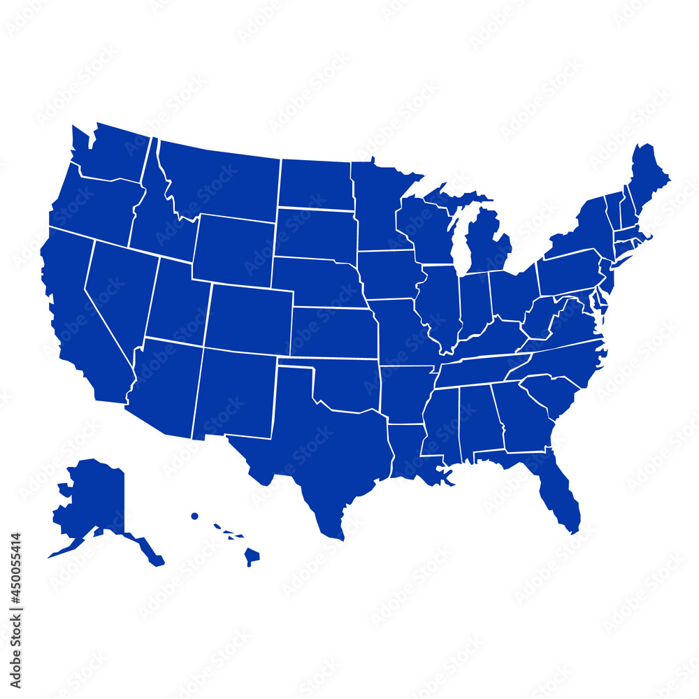 USA modern map with federal states in blue color isolated on white background illustration