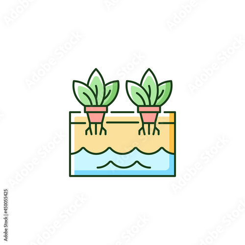 Hydroponics RGB color icon. Grow plants without soil. Farming herbs and vegetables in water. Greenhouse plantation. Use nutrients for plants. Isolated vector illustration. Simple filled line drawing