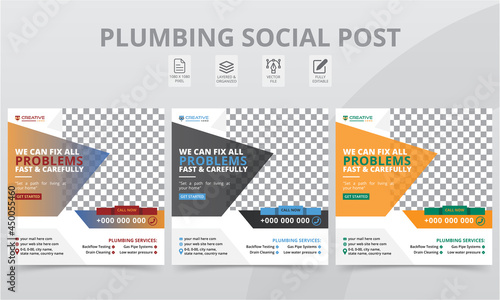 Premium Plumber Social Media Post Colorful Shapes Template. Modern Professional Plumbing Social Square Banner Layouts with Photo College for The Personal Blog Digital Marketing.