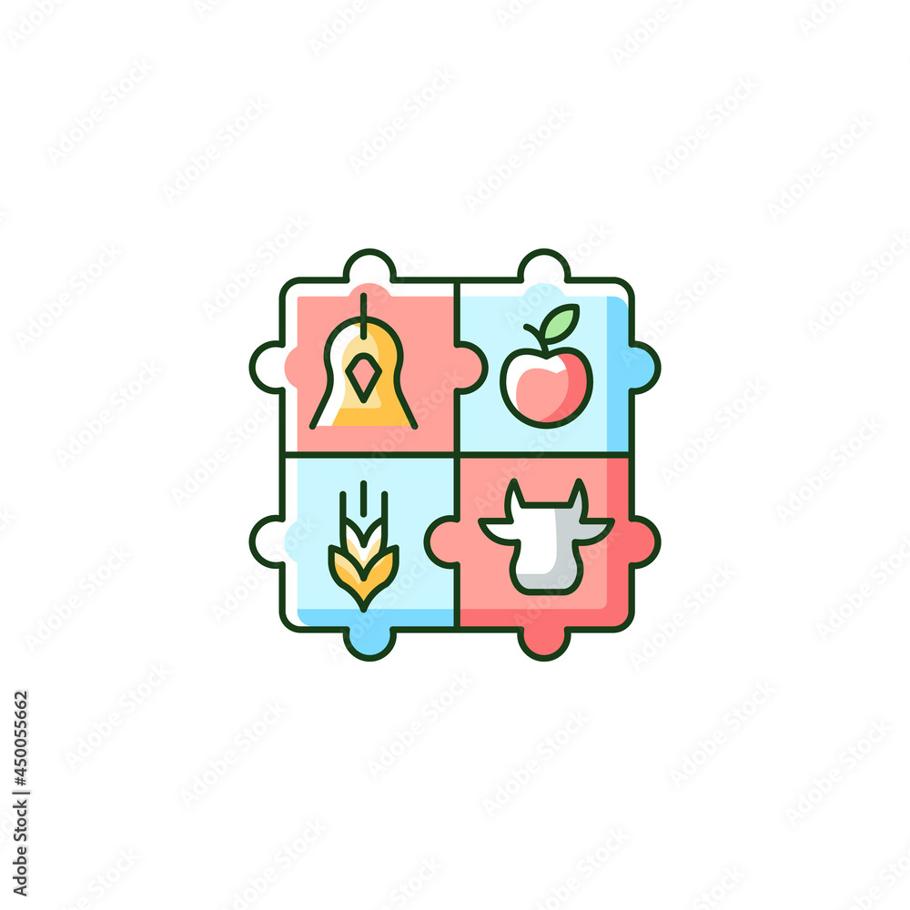 Agricultural cooperative RGB color icon. Farmers co op. Farmers society, organization. Agribusiness economic development and management. Isolated vector illustration. Simple filled line drawing Agricultural cooperative RGB color icon. Farmers co op. Farmers society, organization. Agribusiness economic development and management. Isolated vector illustration. Simple filled line drawing