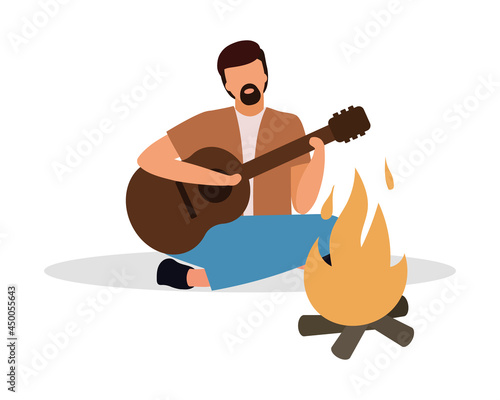 Bearded man playing guitar at campfire semi flat color vector character. Full body person on white. Camping trip isolated modern cartoon style illustration for graphic design and animation