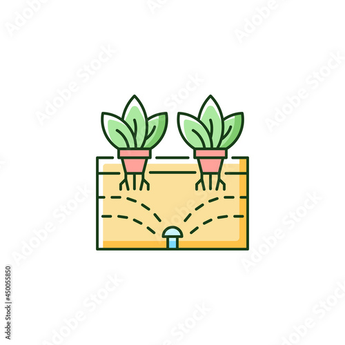 Aeroponics RGB color icon. Grow plants with air, water and nutrients. Soilless roots. Greenhouse plantation. Biotechnologies. Isolated vector illustration. Simple filled line drawing