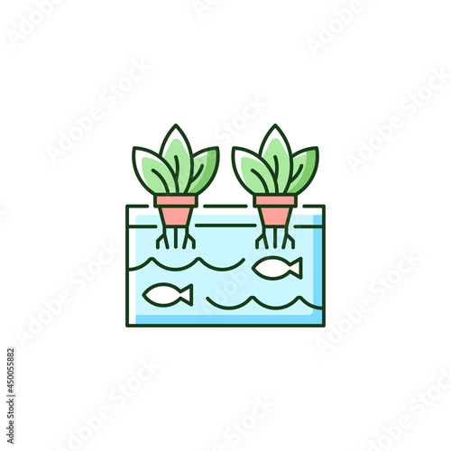 Aquaponics RGB color icon. Aquaculture plus hydroponics. Innovative ecosystem for fish and plants together. Greenhouse plantation. Isolated vector illustration. Simple filled line drawing