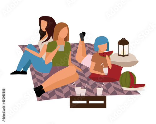 Female friends enjoying outdoor picnic semi flat color vector characters. Full body people on white. Backyard party isolated modern cartoon style illustration for graphic design and animation