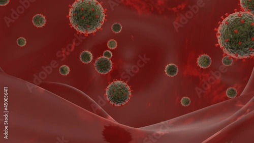 Close-up of virus in lungs body under microscope., SARS-CoV-2 COVID-19 pandemic cure or vaccination concept. Realistic high quality medical 3D animation