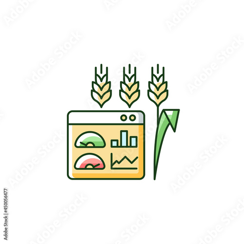 Crop and soil monitoring and management RGB color icon. Monitoring quality of soil. System analyses data. Farming management. Isolated vector illustration. Simple filled line drawing