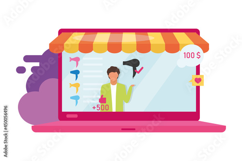 Product review blog flat concept vector illustration. Man recommends hair dryer brand isolated 2D cartoon character on white for web design. Gaining followers attention. Video marketing creative idea