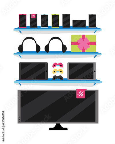 Electronics store semi flat color vector object. Full sized item on white. Shop window. Buying electronic products isolated modern cartoon style illustration for graphic design and animation
