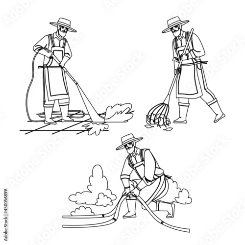 Gardener Man Agricultural Occupation Set Black Line Pencil Drawing Vector. Gardener Removing Foliage, Fixing Hose And Watering Plant In Garden Or Washing Backyard. Agriculture Maintenance Illustration