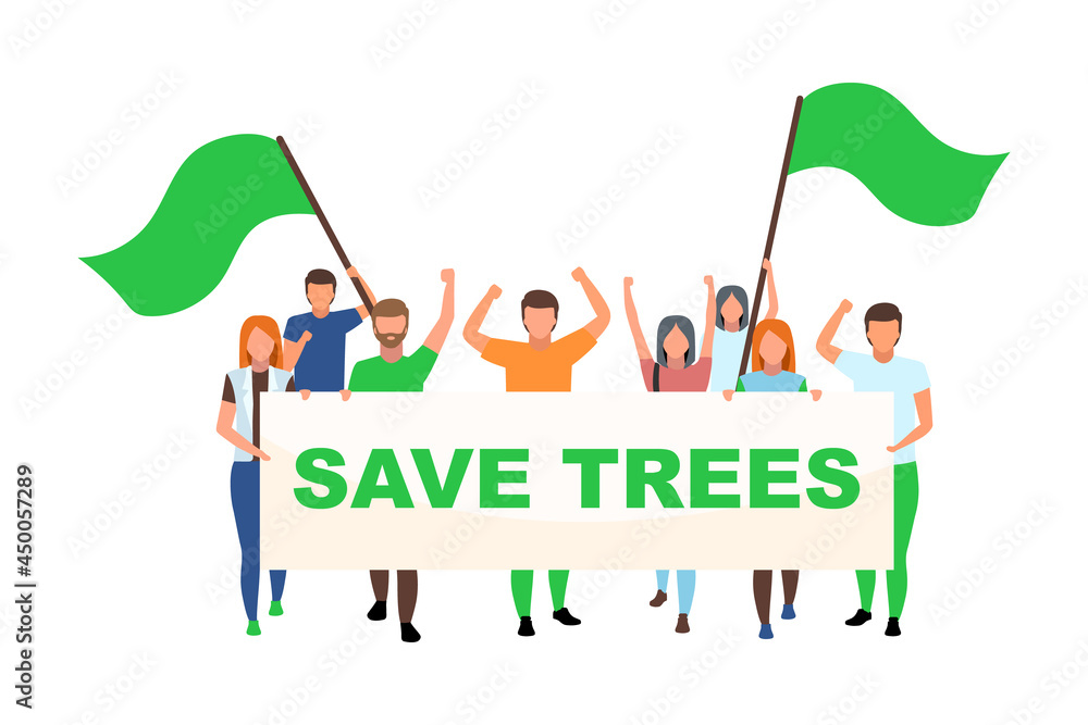 Environmental movement flat concept vector illustration. Activists protesting against natural areas destruction isolated 2D cartoon characters on white for web design. Save trees creative idea