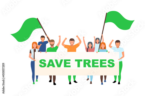 Environmental movement flat concept vector illustration. Activists protesting against natural areas destruction isolated 2D cartoon characters on white for web design. Save trees creative idea