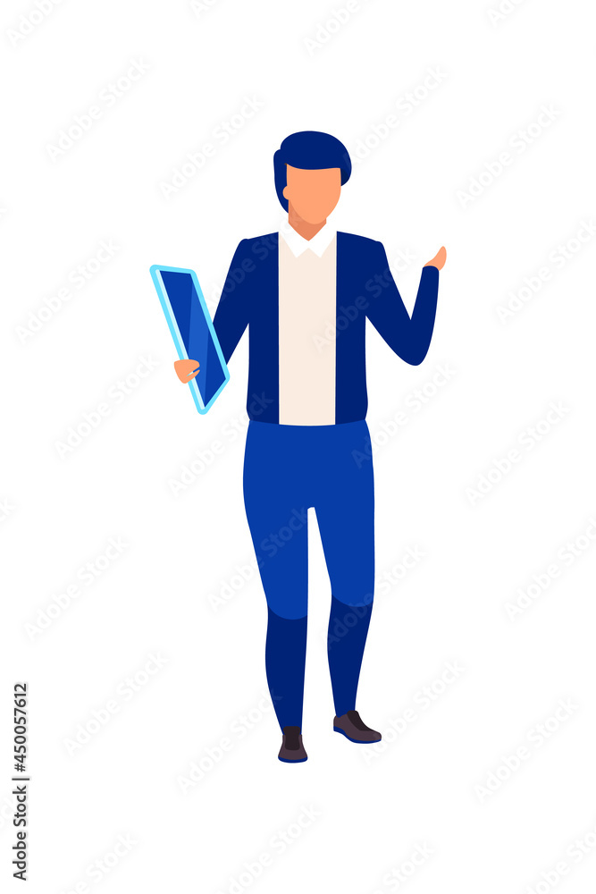 Male television presenter with tablet semi flat color vector character. Full body person on white. Hosting TV show isolated modern cartoon style illustration for graphic design and animation