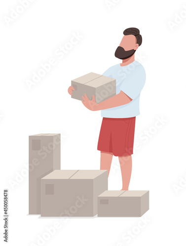 Man unpacking boxes after moving semi flat color vector character. Full body person on white. Delivered boxes checkup isolated modern cartoon style illustration for graphic design and animation