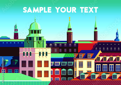 European cityscape with traditional houses  roofs  churches  bell towers. Retro style poster.