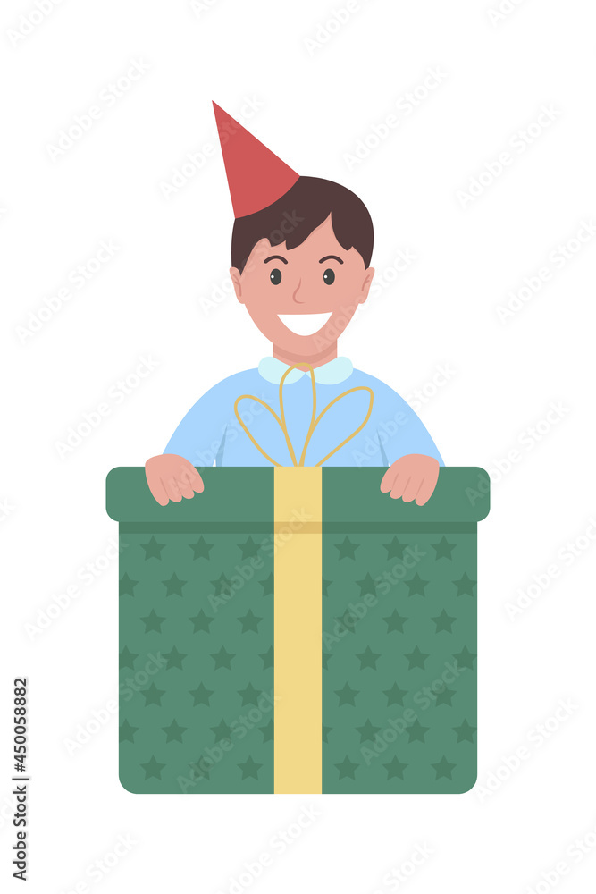 Birthdayboy with large gift box semi flat color vector character. Full body person on white. Birthday surprise for kid isolated modern cartoon style illustration for graphic design and animation Birthdayboy with large gift box semi flat color vector character. Full body person on white. Birthday surprise for kid isolated modern cartoon style illustration for graphic design and animation