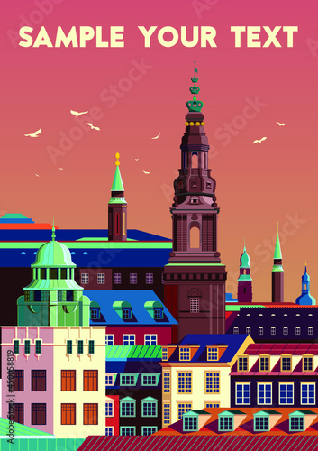 European cityscape with traditional houses, roofs, churches, bell towers. Retro style poster.