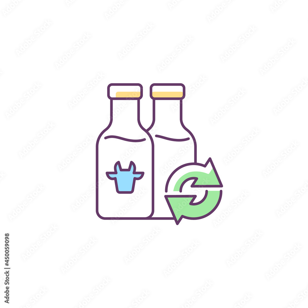 Refillable milk bottles RGB color icon. Glass bottle for lactose drink. Eco friendly package. Grocery products. Nutrition and calcium source. Isolated vector illustration. Simple filled line drawing Refillable milk bottles RGB color icon. Glass bottle for lactose drink. Eco friendly package. Grocery products. Nutrition and calcium source. Isolated vector illustration. Simple filled line drawing