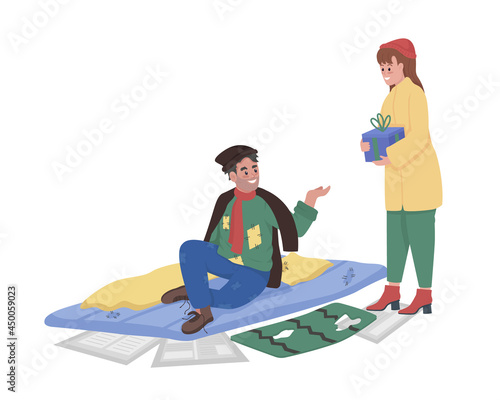 Girl giving gift to homeless person semi flat color vector characters. Full body people on white. Providing support isolated modern cartoon style illustration for graphic design and animation