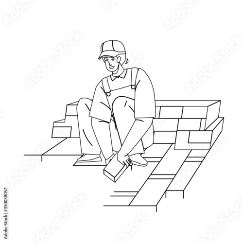 Granite Worker Laying Street Stone Pavers Black Line Pencil Drawing Vector. Granite Worker Man Brick Paving Hardstanding Garden Path. Handyman In Professional Suit And Protective Hat Illustration
