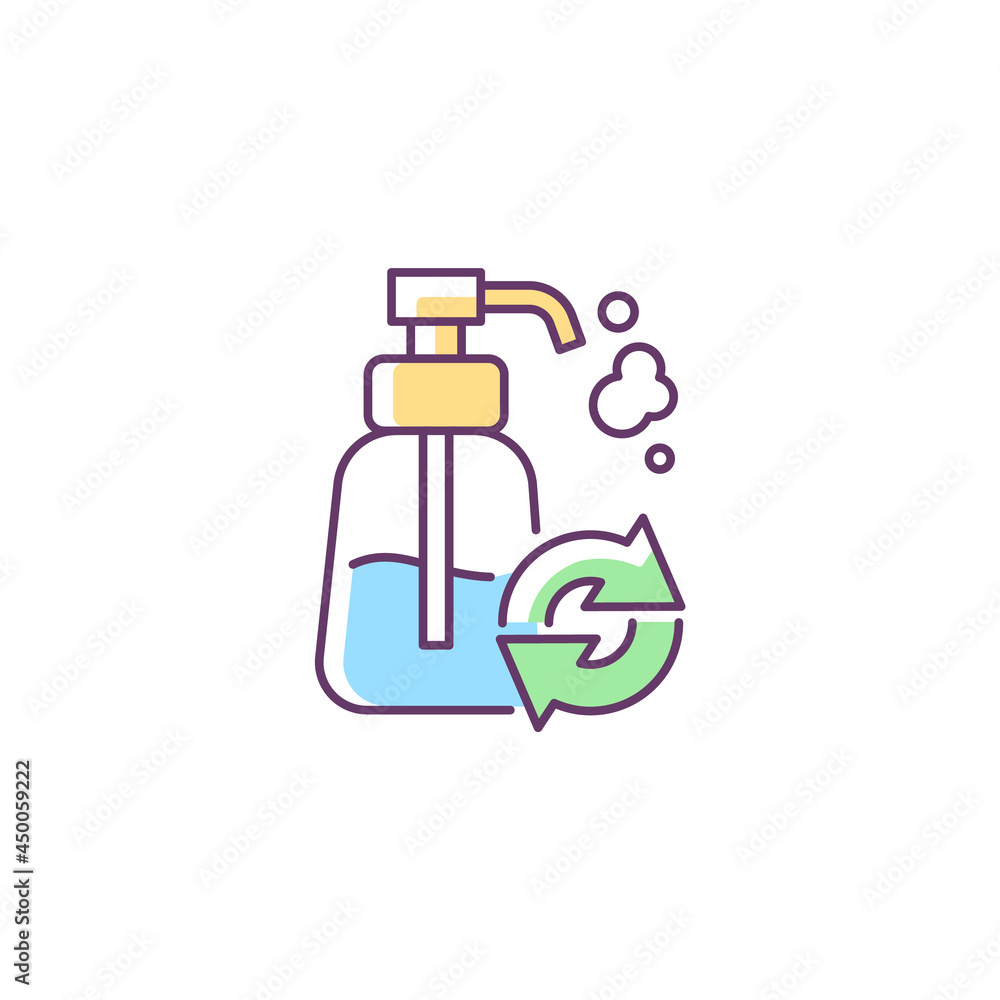 Refillable soap dispenser RGB color icon. Eco friendly package for domestic skincare products. Recycling to reduce carbon print on environment. Isolated vector illustration. Simple filled line drawing Refillable soap dispenser RGB color icon. Eco friendly package for domestic skincare products. Recycling to reduce carbon print on environment. Isolated vector illustration. Simple filled line drawing