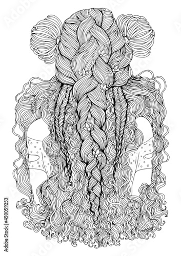 Vector portrait of a young woman back with long, wavy hair. Hairstyle view with three braided pigtails decorated with two large lilies. Pattern illustration coloring book. Design card, print t-shirt