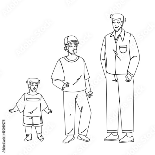 Growing Boy From Little Baby To Adult Man Black Line Pencil Drawing Vector. Growing Boy, Smiling Small Kid, Chewing Gum Teenager And Elegant Grown Guy. Life Cycle From Child To Big Illustration