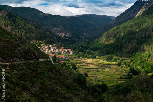 View of the small village of Roucas, with its traditional agricultural fields, at the Peneda Geres National Park, in Portugal.