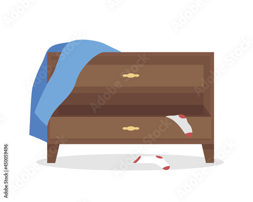 Sideboard in mess semi flat color vector object. Full sized item on white. Clean clothes lacking. Bedroom furniture isolated modern cartoon style illustration for graphic design and animation