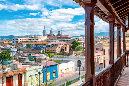 Photography Colonial wooden balcony and skyline, Santiago de Cuba, Cuba