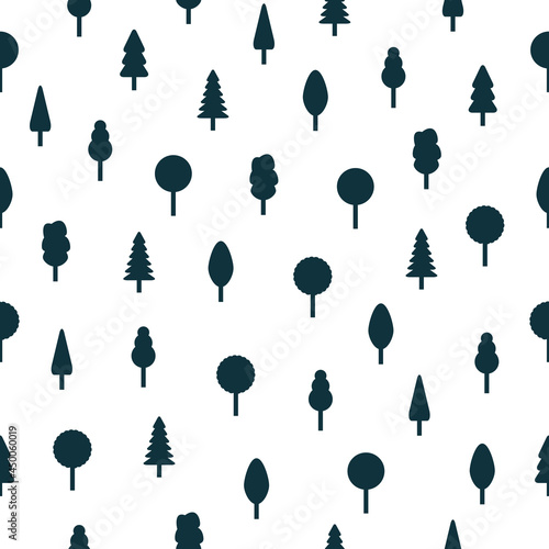 Seamless tree pattern. Forest concept black silhouettes. Cute nature white background with different trees. Vector isolated on white