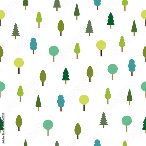 Seamless tree pattern. Forest concept. Cute nature white background with different trees. Vector isolated on white