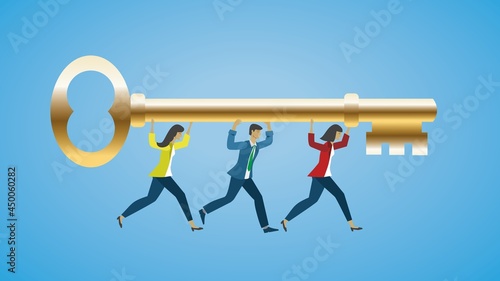 People running with the key to success, golden key. Vector illustration. Dimension 16:9. EPS10.