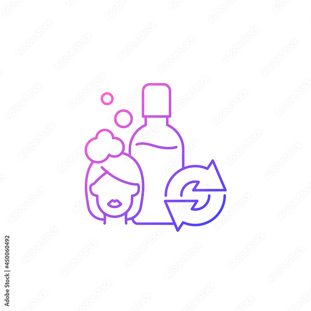Refillable shampoo bottle gradient linear vector icon. Eco friendly package for women cosmetic. Natural lotion. Thin line color symbols. Modern style pictogram. Vector isolated outline drawing Refillable shampoo bottle gradient linear vector icon. Eco friendly package for women cosmetic. Natural lotion. Thin line color symbols. Modern style pictogram. Vector isolated outline drawing