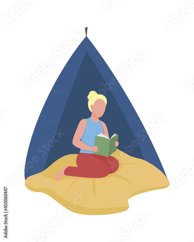 Comfortable place for bookworm flat concept vector illustration. Woman coping with stress isolated 2D cartoon character on white for web design. Creating cozy corner for reading books creative idea