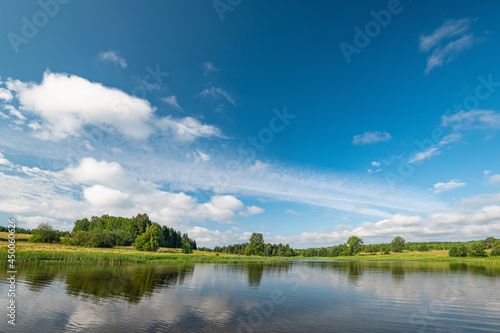 Panoramic landscape of a calm river.A mirror image of Clouds and forests On the Lake.