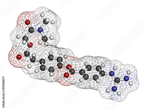 Camostat drug molecule. Serine protease inhibitor, investigated for treatment of Covid-19. 3D render photo