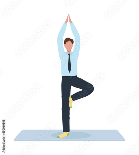 Office worker doing yoga pose semi flat color vector character. Full body person on white. Mental health. Lowering stress isolated modern cartoon style illustration for graphic design and animation