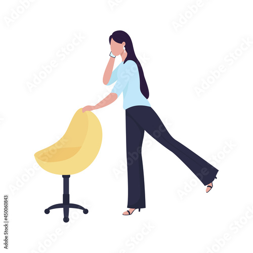 Female worker warming up with office chair semi flat color vector character. Full body person on white. Strengthening legs isolated modern cartoon style illustration for graphic design and animation